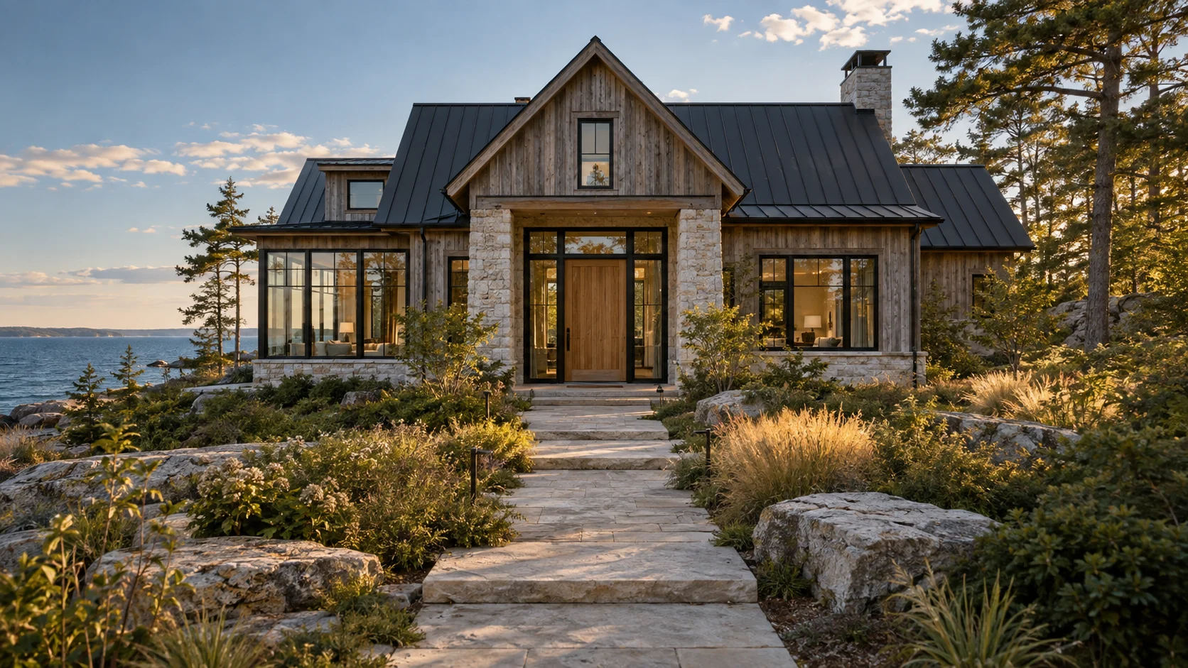 A cedar lakehouse framed by pines beside Lake Huron