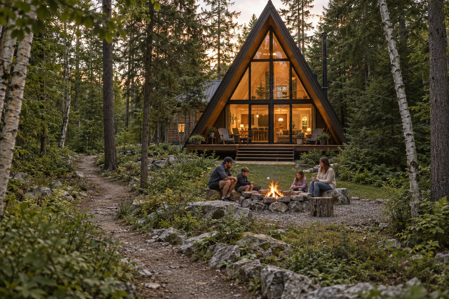 A family around a campfire outside a cedar A-frame