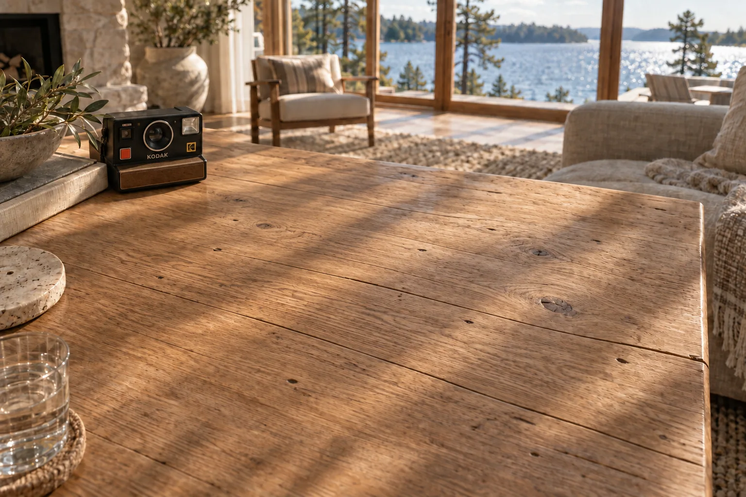 A sunlit lakehouse with an empty wooden coffee table