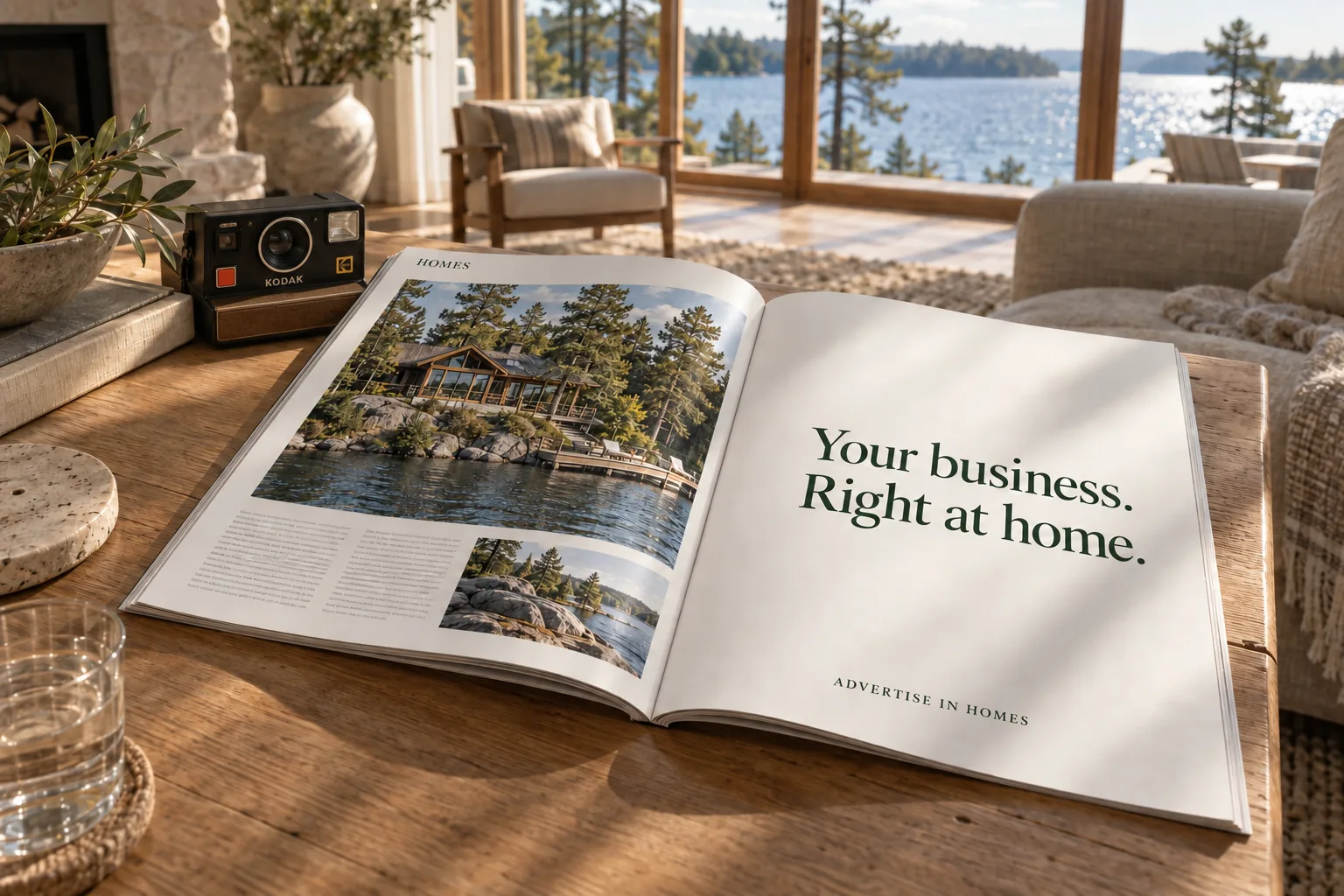 An open HOMES magazine on a coffee table in a sunlit lakehouse, beside a vintage camera